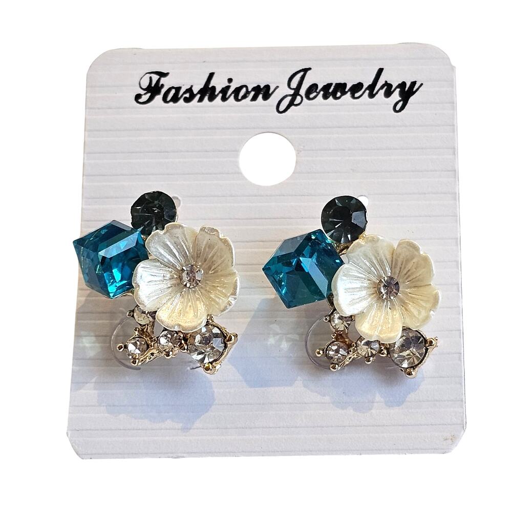 Flower Earring Teal Square Dark Green Rhinestone Jewelry Elegant Stud Gift Bag